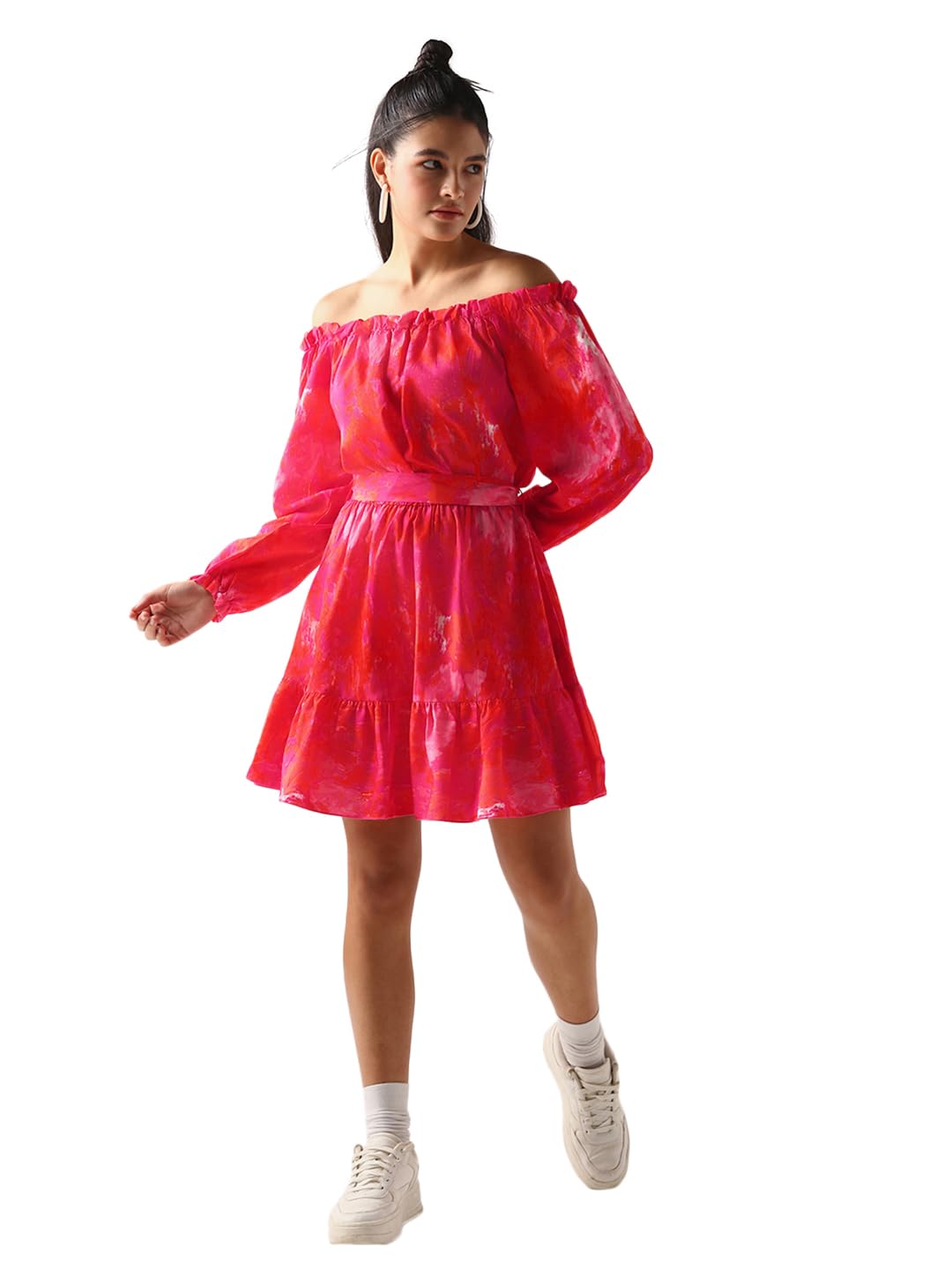 Bewakoof WomenS All Over Printed Regular Fit Full Sleeve Off Shoulder Pure Satin Dress_645120_Orange_L