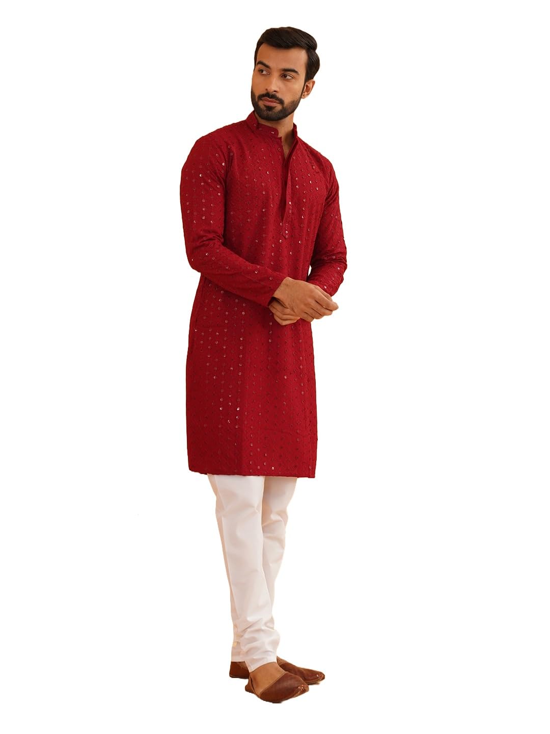 SOJANYA (Since 1958 Mens Pure Cotton Maroon Embroidered Sequined Kurta and White Pyjama Set