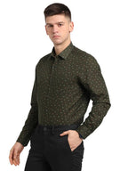 Turtle Men Cotton Linen Olive Printed Slim Fit Full Sleeve Formal Shirt