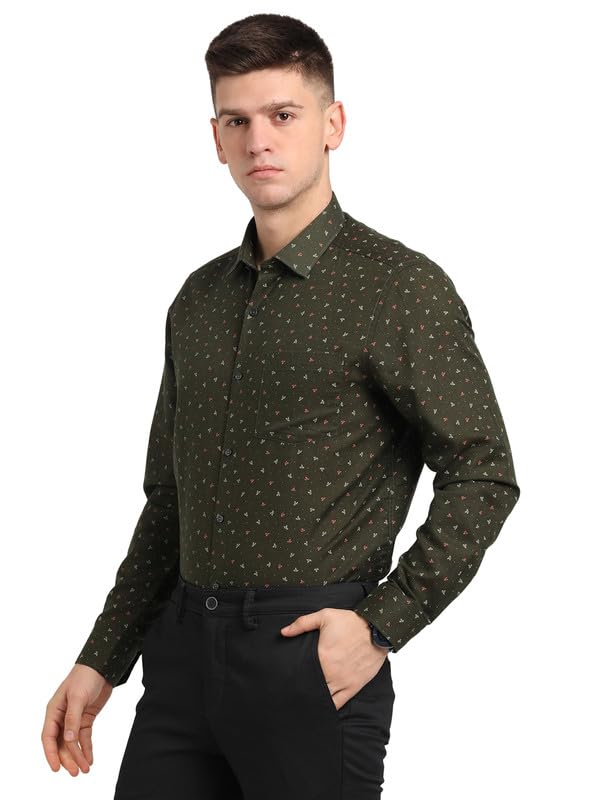 Turtle Men Cotton Linen Olive Printed Slim Fit Full Sleeve Formal Shirt