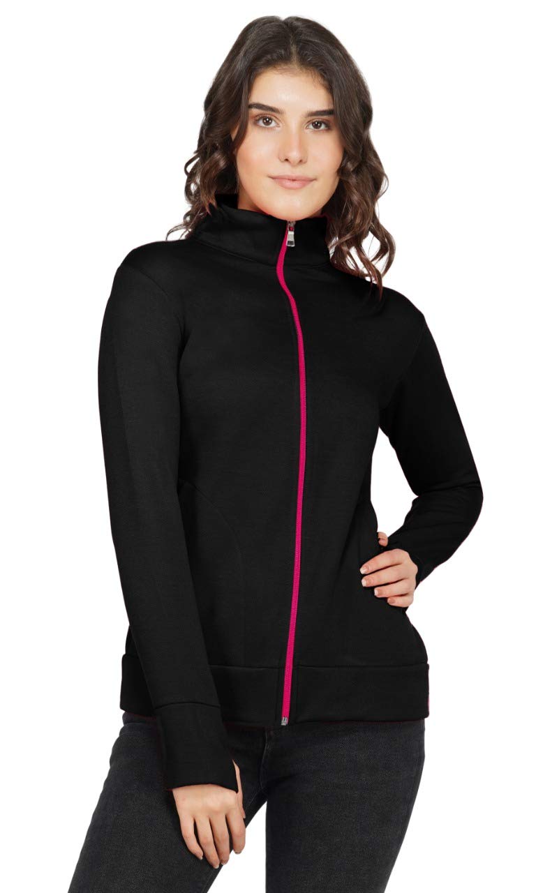 PALOMI Soft Shell Slim Fit Fleece Zipper Jacket with Shared Thumb Cut Hole and Stand Collar with Pockets for Girls and Women (Bl 2