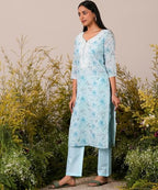 Libas Womens Printed Linen Straight Kurta With Trousers And Dupatta