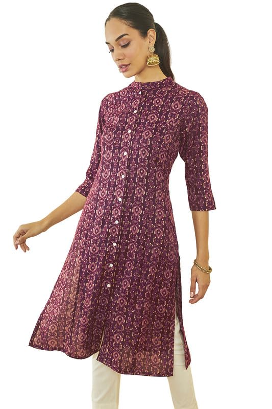Soch Womens Maroon Rayon Ikat Print Straight Kurta With Front Button-Placket