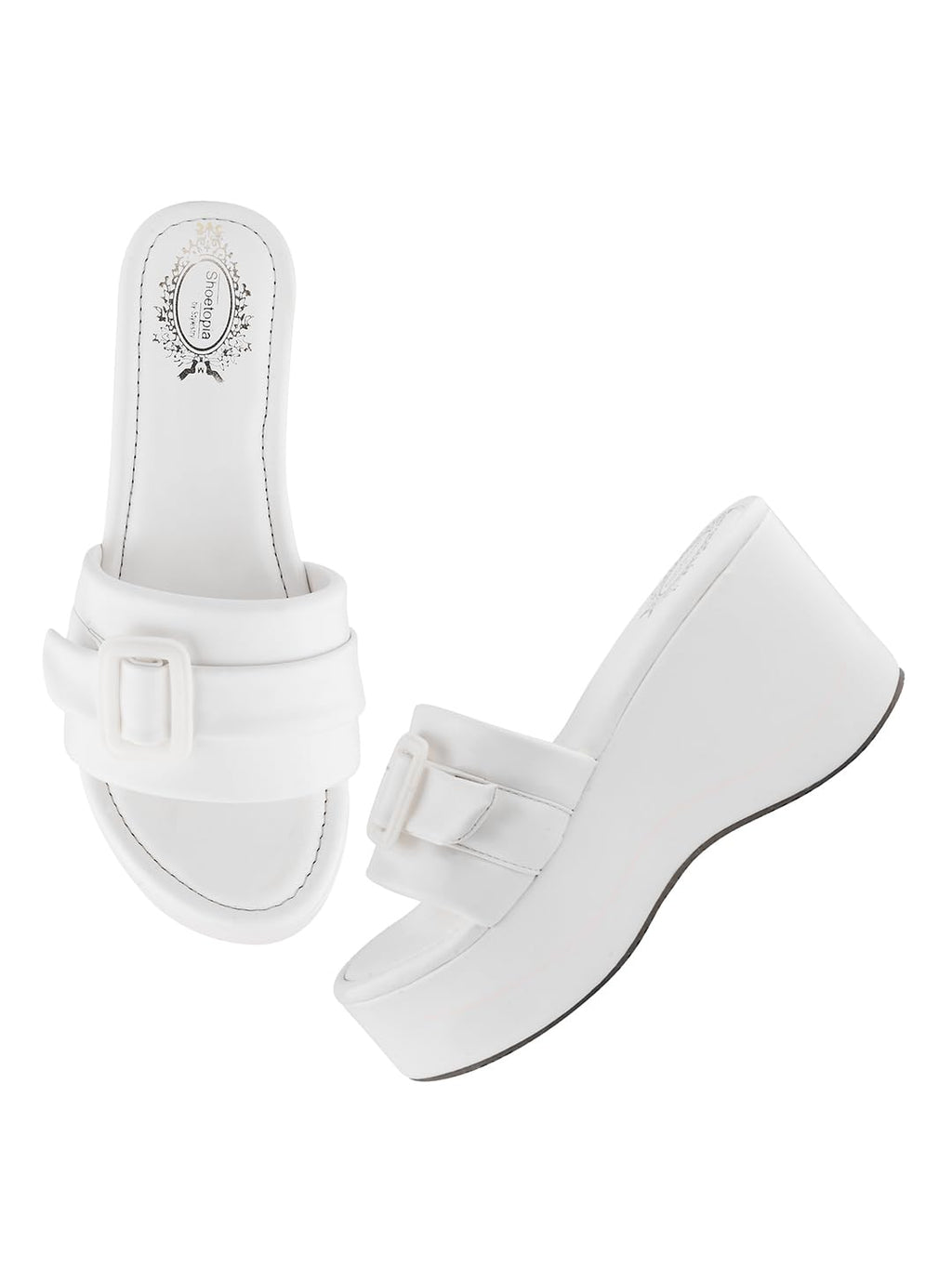 Shoetopia WomenS White Platform Slip-On Sandals  Chunky Wedge Slides With Buckle Strap Stylish Comfortable, Durable Perfect For