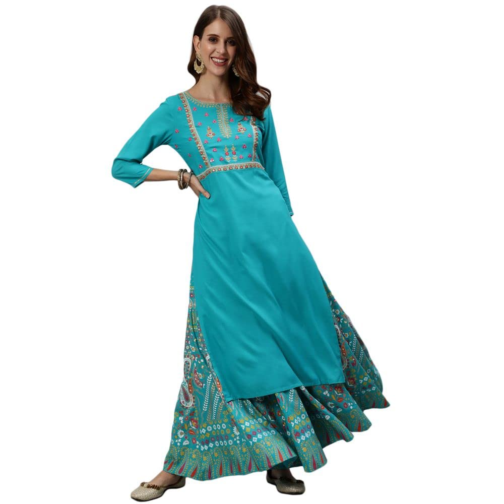 Anubhutee Women'S Cotton Blue Floral Embroidered Straight Kurta Suit Set With Skirt