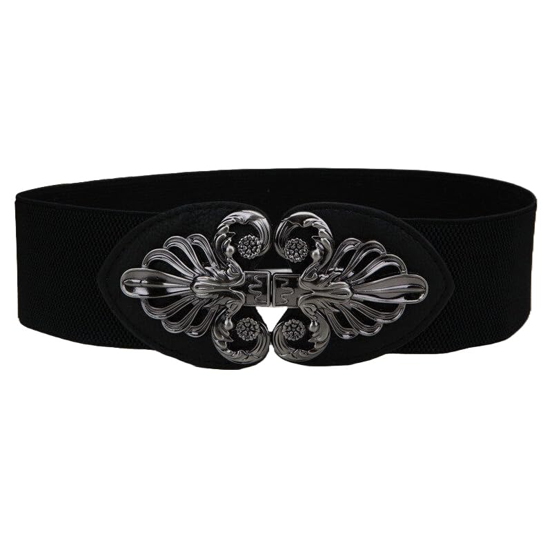 Syga Women Cinch Belt, Pu Leather Stretchy Waist Belt With Antique Abstract Metal Buckle, Retro Style 65 ltr