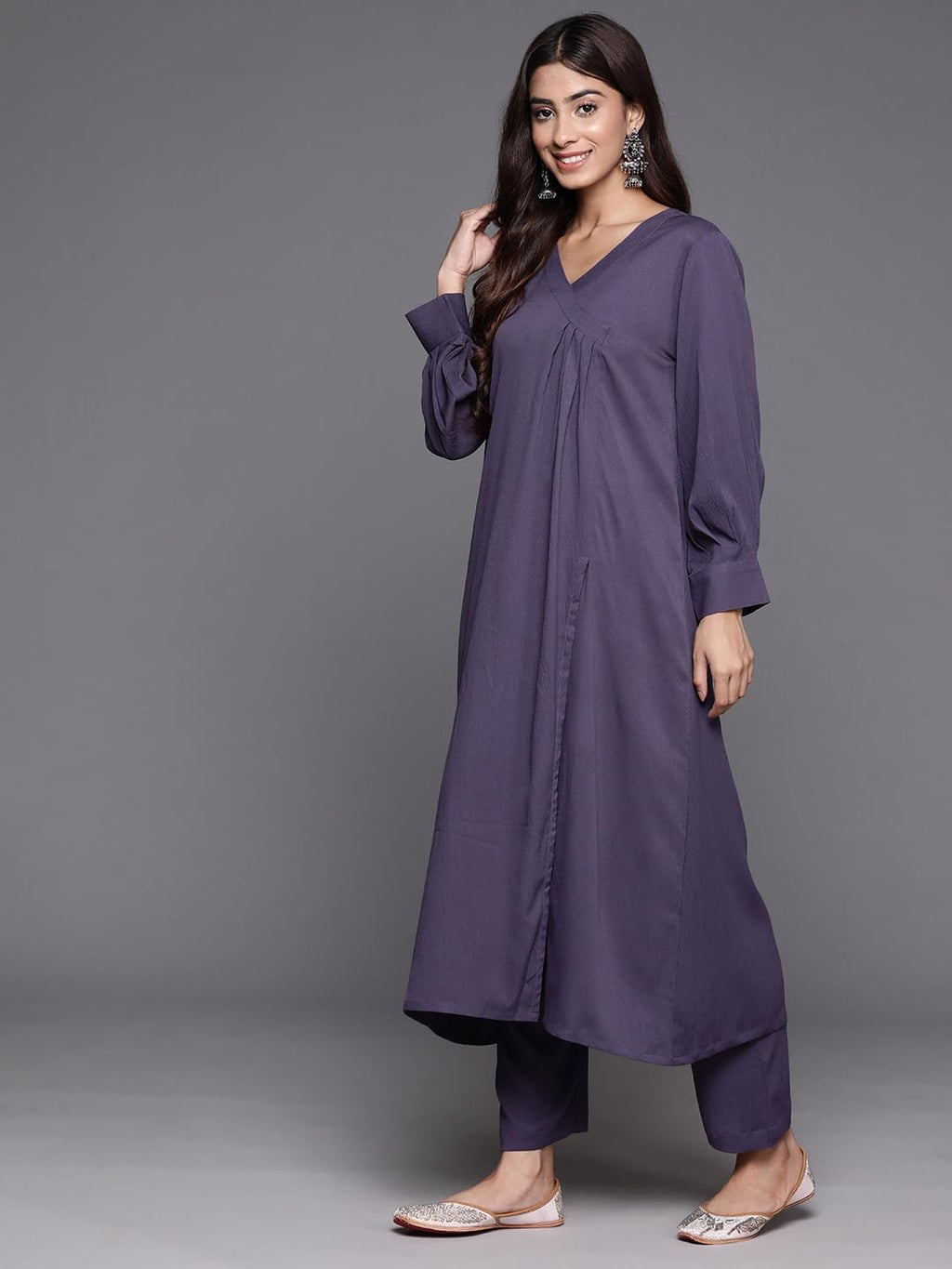 Varanga Women Violet Angrakha Style A-Line Kurta Paired Wth Tonal Bottom