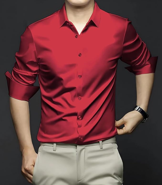 Deelmo Combo Of MenS Stylish Solid Satin Casual Shirt For Men Full Sleeves| Poly Satin Silk Shirt Pack Of 2 Red-Sky