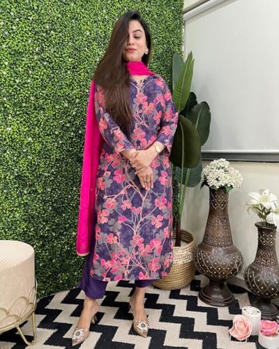 ANNI DESIGNER Womens Cotton Blend Straight Printed Kurta with Pant & Dupatta (Mariyam Blue_M_Blue_Medium)