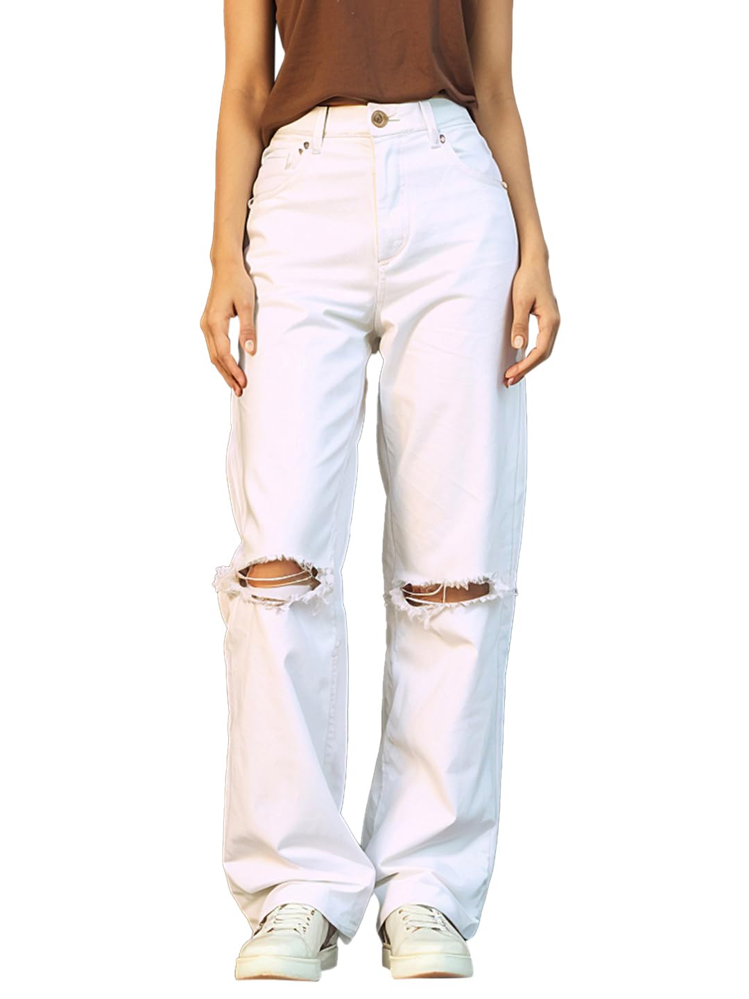 Bewakoof Womens Solid Wide Leg Cotton Baggy Distressed Jeans_625171_White_30