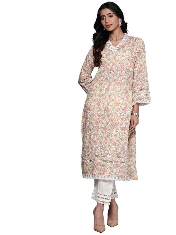 Varanga Women Off-White Floral Printed Straight Kurta  V Neck, Lace Detail, Long Flared Sleeves for Stylish Design (Double Extra