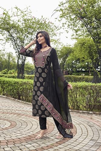 ANNI DESIGNER Womens Cotton Blend Printed Straight Kurta with Pant & Dupatta (NOV-Black-NRB_5XL_Black_XXXXX-Large)