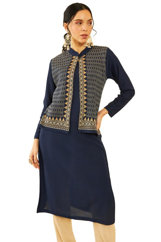 Soch Womens Acrylic Straight Winter Kurta With Jacket Overlay