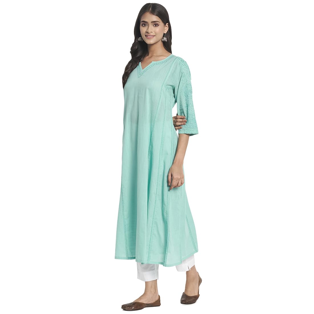 Fabindia Women Cotton Chikankari Long Kurta Blue