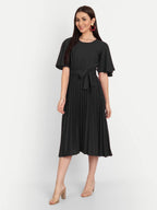 Kuduzo WomenS Crepe Midi Dress With Plated Style Round Neck Half Ruffle Sleeves Below Knee Length Solid Pattern And Regular Fit