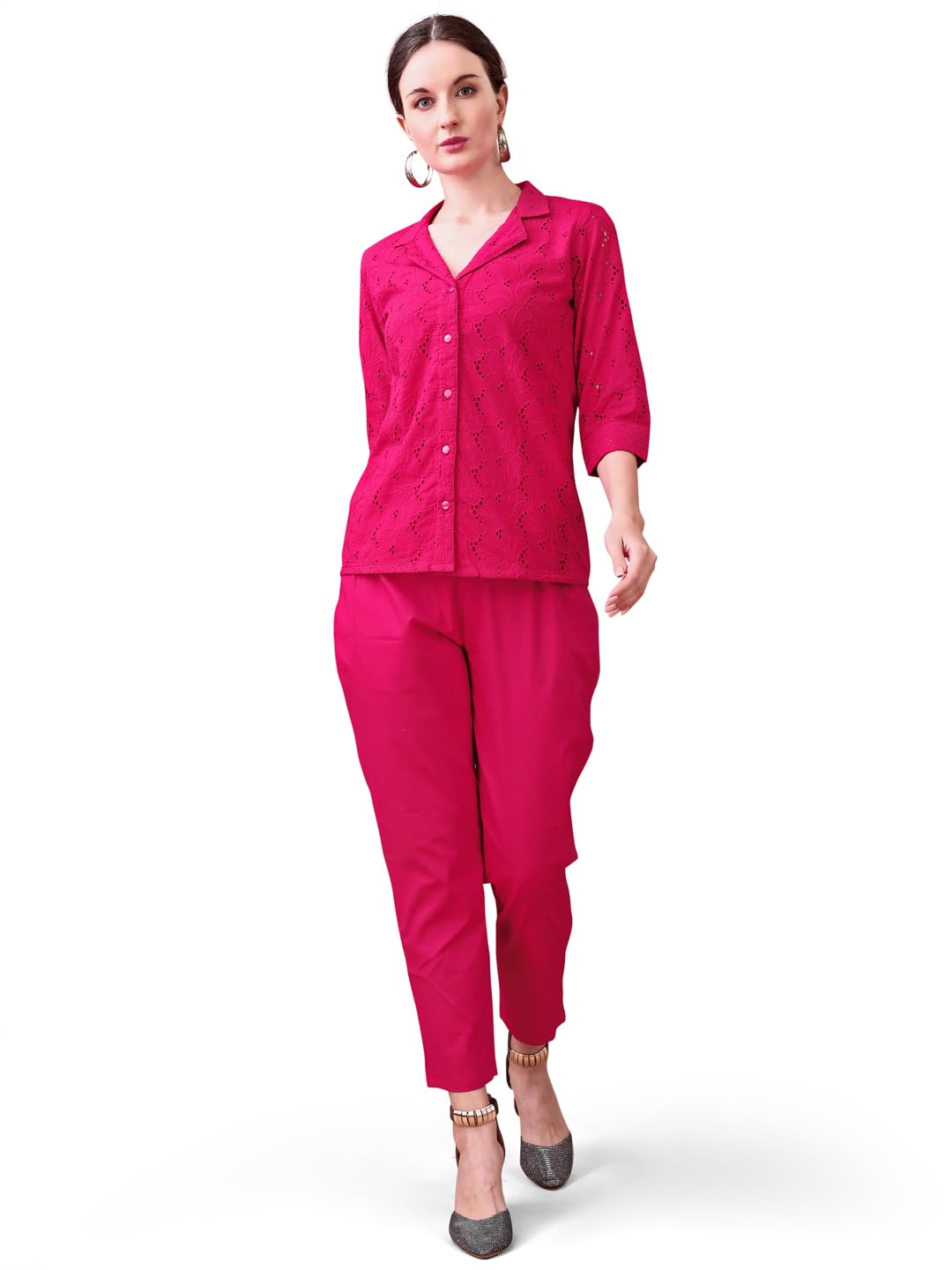 Womanista Women'S Pure Cotton Solid Regular Schiffli Co-Ord Set 9149_Fuchsia