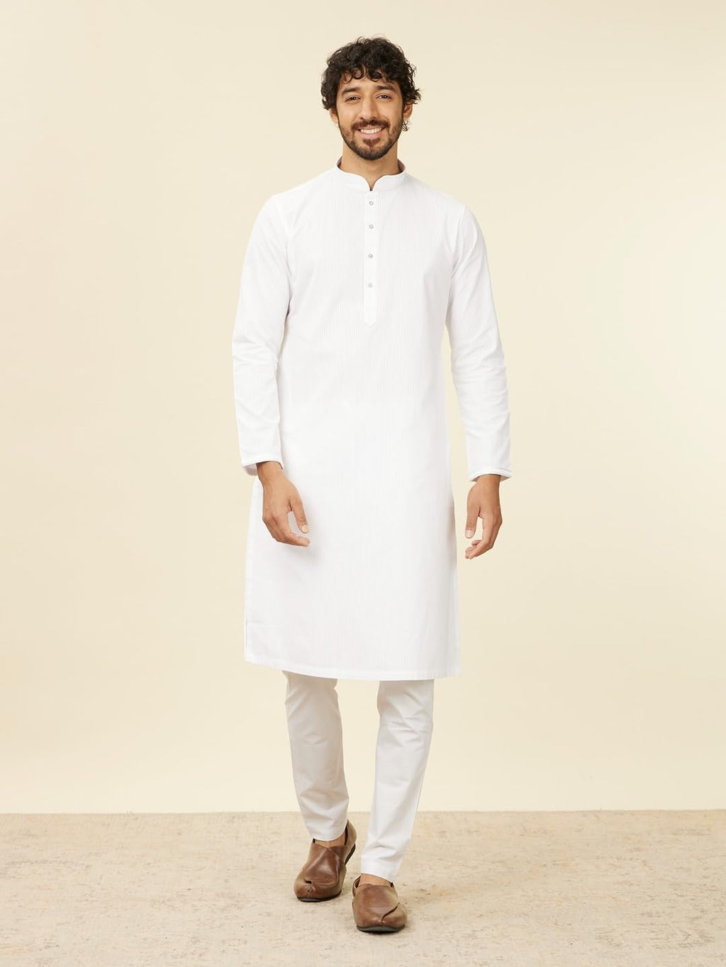 Manyavar White Cotton Embroidery|Jacquard Kurta Pyjama Set For Men