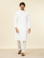 Manyavar White Cotton Embroidery|Jacquard Kurta Pyjama Set For Men