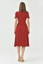 Shasmi Girls & Womens Solid Red Midi Dress  Elegant Square Neck Button-Down Dress with Puff Short Sleeves | Stylish Casual & P