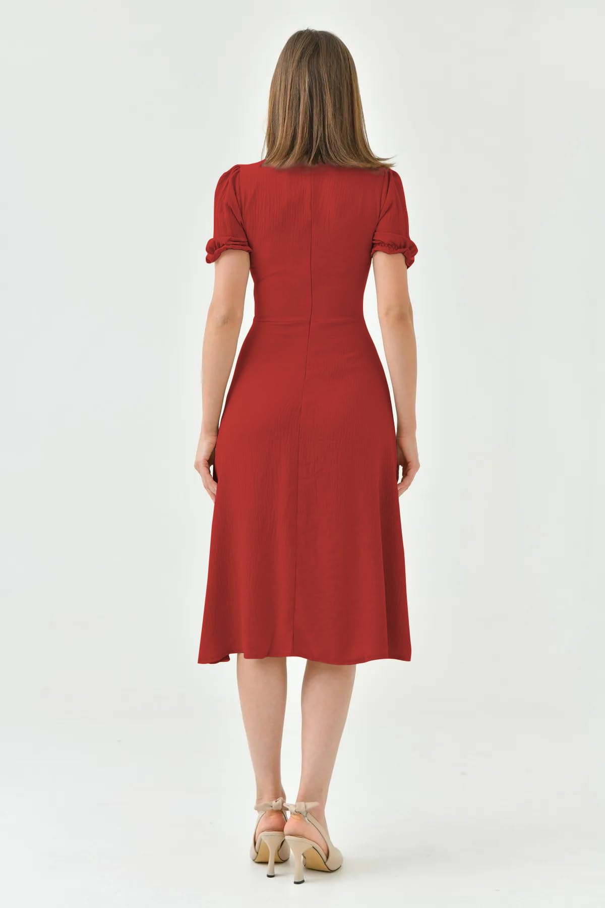 Shasmi Girls & Womens Solid Red Midi Dress  Elegant Square Neck Button-Down Dress with Puff Short Sleeves | Stylish Casual & P