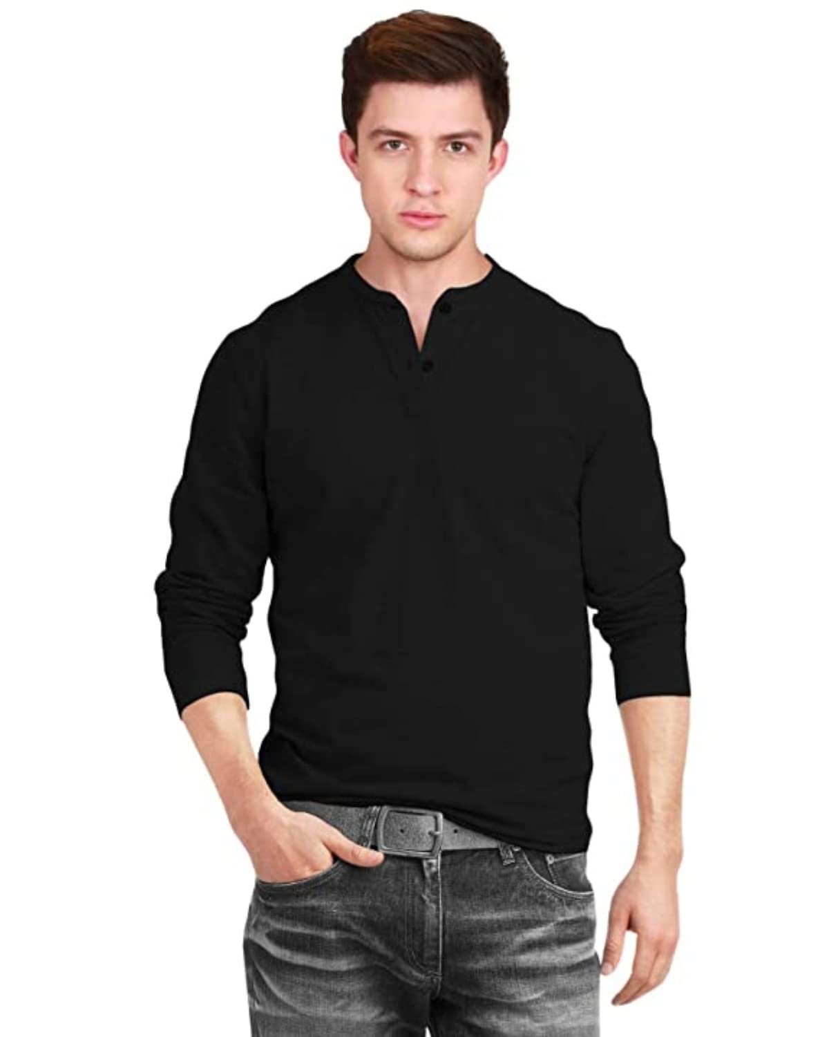 Veirdo Men's Cotton Regular Fit Henley Neck Full Sleeve T-Shirt