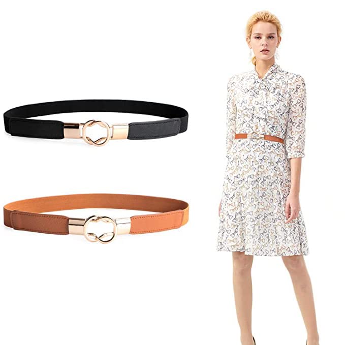 Palay Black & Brown 2Pcs Women Elastic Thin Waist Cinch Belt For Girls Accessories 33-44