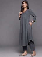 Varanga Women Plus Size Grey Empire Gathered Details A-Line Kurta Paired With Tonal Bottom
