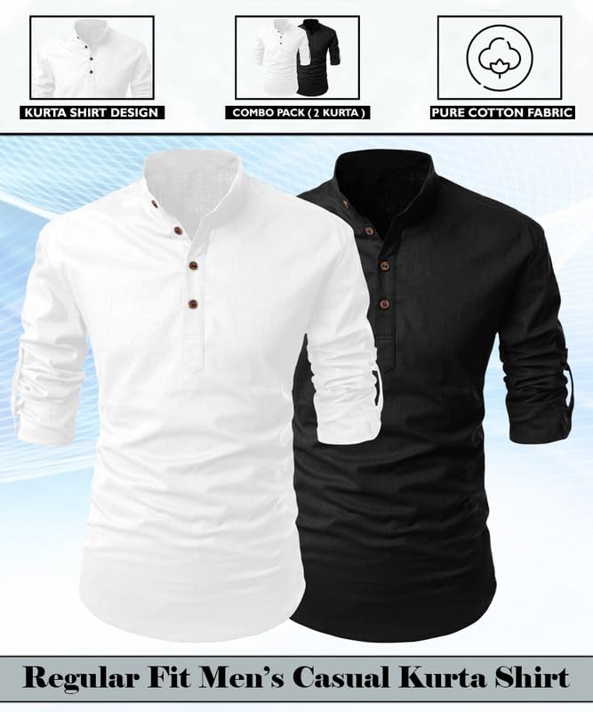 Finivo Fashion Combo Of MenS Regular Fit Cotton Blend Solid Full Sleeves Kurta | Short Kurta For Men (Pack Of 2)