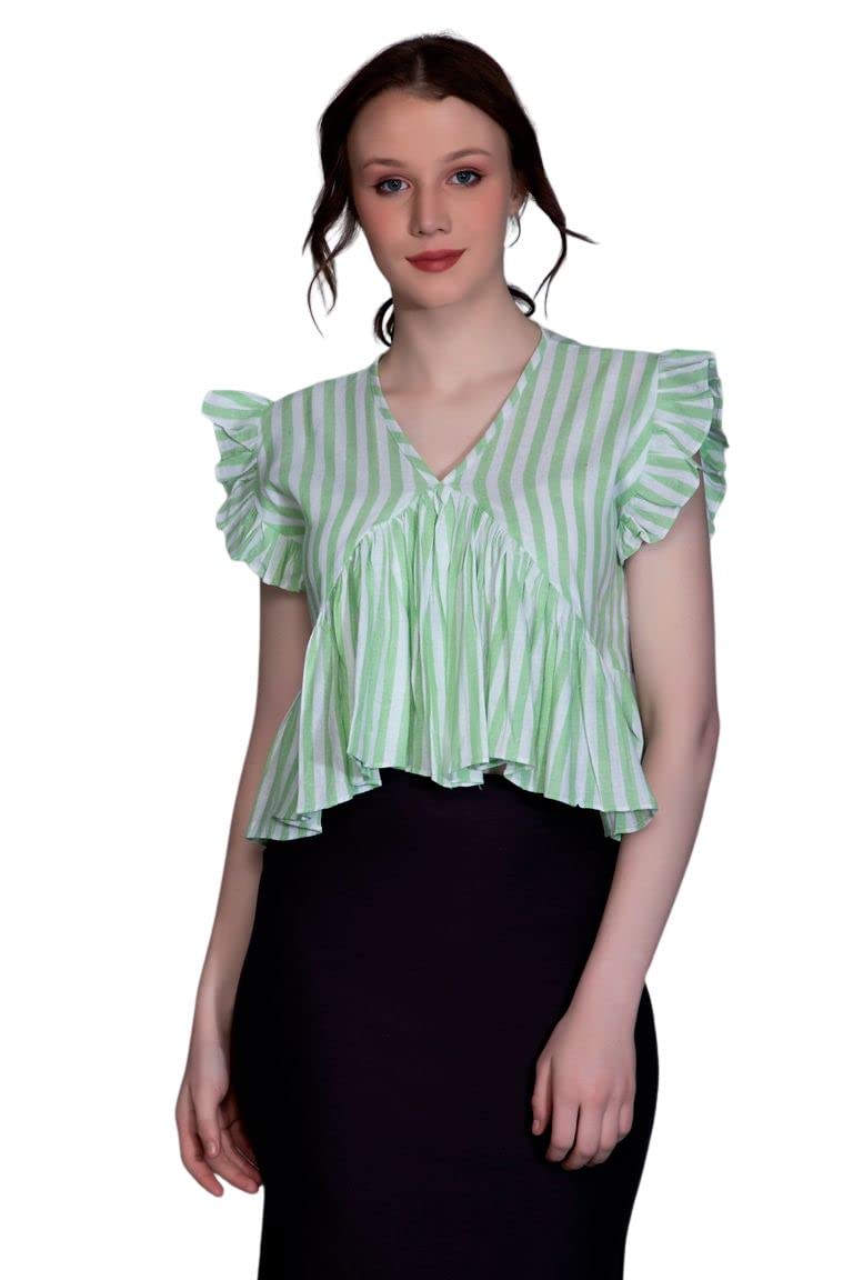 Leriya Fashion WomenS Western Crop Tops | Fancy Stripped With Ruffle Sleeves | Button Down Lightweight Cotton For Girls | Suita