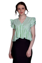 Leriya Fashion WomenS Western Crop Tops | Fancy Stripped With Ruffle Sleeves | Button Down Lightweight Cotton For Girls | Suita