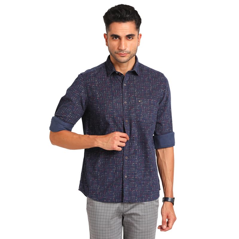 Turtle Men 100% Cotton Slim Fit Casual Printed Regular Fitvy Shirt Navy