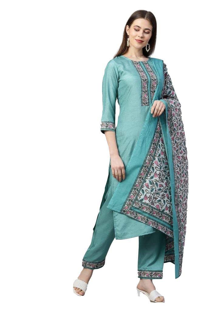 ANNI DESIGNER Women's Silk Blend Straight Kurta with Pant & Dupatta (Deal-SEA-Green_XXL_Green_XX-Large)