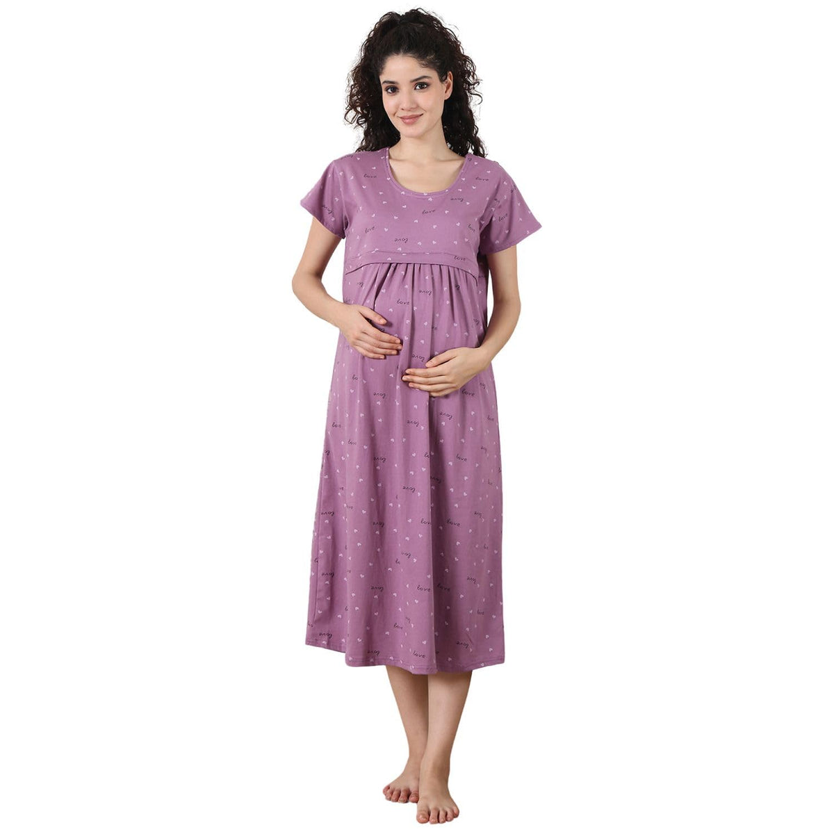 Secret Wish Purple Printed Hosiery Maternity Nighty | Nursing Nightwear | Easy For Breastfeeding | Pregnancy Night Gown | Pre An 2