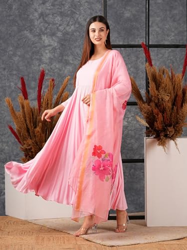 ANNI DESIGNER Womens Cotton Blend Anarkali Solid Kurta with Pant & Dupatta (Saniba Baby Pink_XL_Baby Pink_X-Large)