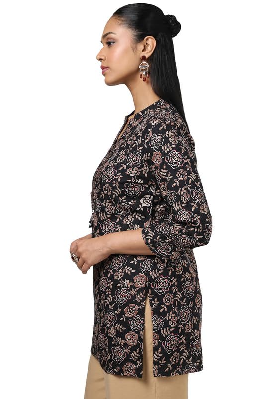Soch Womens Black Rayon Floral Print Tunic with Faux Mirror