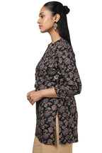 Soch Womens Black Rayon Floral Print Tunic with Faux Mirror