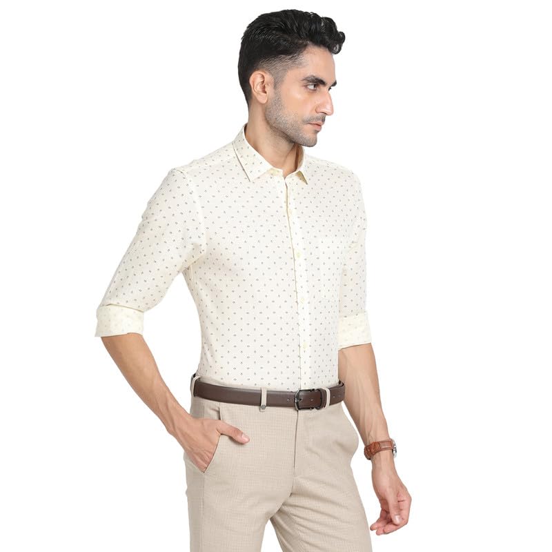 Turtle Men Cotton Linen Beige Printed Slim Fit Full Sleeve Formal Shirt