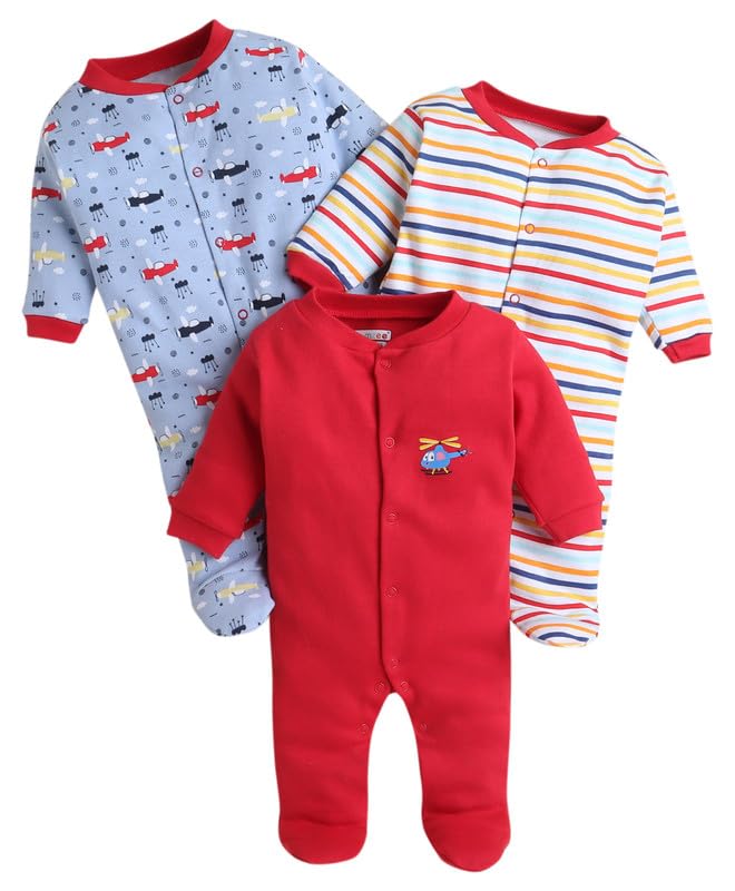 BUMZEE Sky Blue & Red Baby Boys Full Sleeves Sleepsuit Pack of 3 Age - New Born (Peb10048A-sbl)