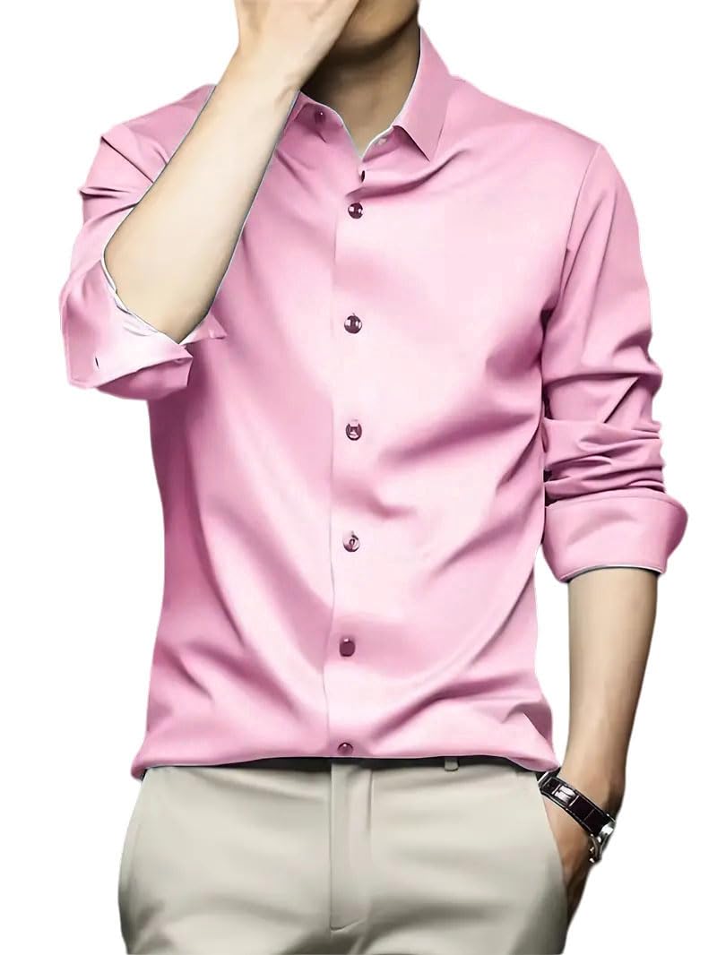 Indoprimo MenS Stylish Solid Satin Casual Shirt For Men Full Sleeve Baby Pink
