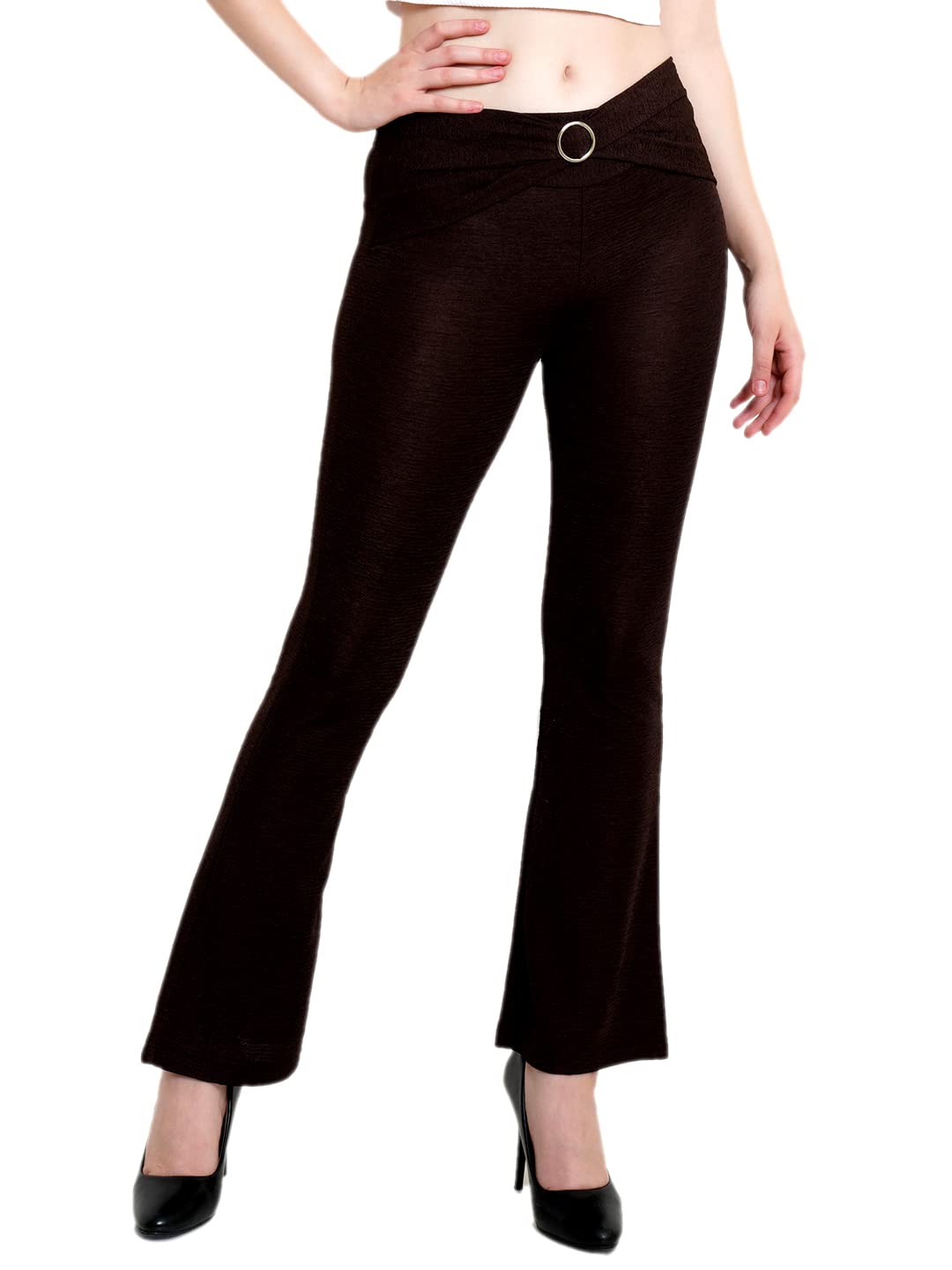 POPWINGS Solid Full-Length Polyester Regular-Fit Casual Bootcut Trouser Pants for Women for Casual Wear Chocolate Brown