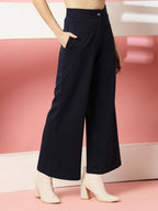 OOMPH! Women Trouser | Wide Leg High Waist Trousers | Solid Formal & Casual Pants with Front Patch Pockets | Officewear, Travel,