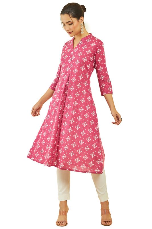 Soch Womens Onion Pink Cotton Slub Bandhani Print A-Line Kurta