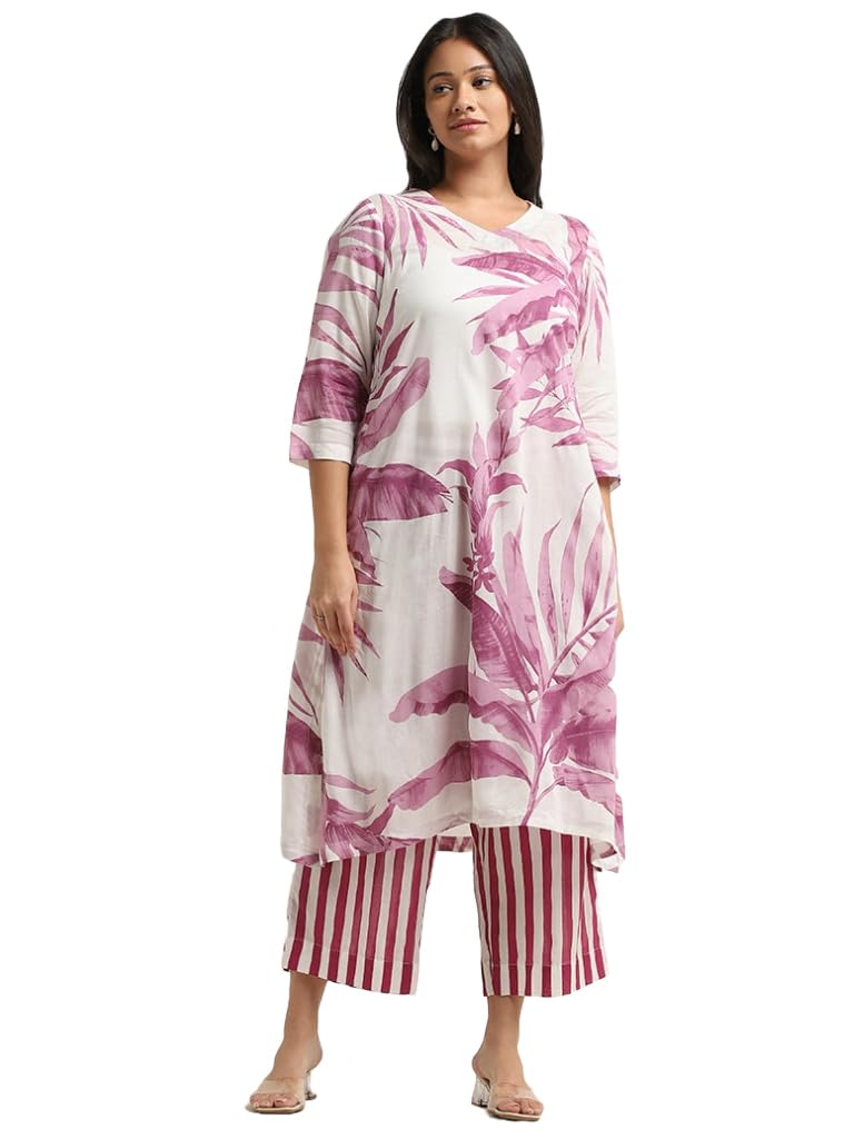 ANNI DESIGNER Womens Cotton Blend Straight Printed Kurta with Palazzo (Rilaka Pink_M_Pink_Medium)