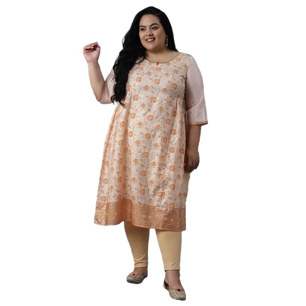 Aurelia Printed Polyester Round Neck Womens Calf Length Kurta (A21Au503387003, Peach, Medium)