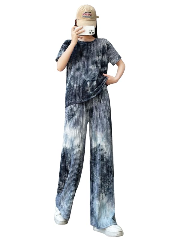 Womens Cotton Blend Tie-dye Relaxed Fit Stylish Pajama Sets || Short Sleeve Top & Long Pant Sleepwear Pjs Lounge Set Co-ords Ou