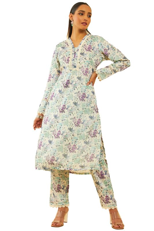 Soch Women Kota Floral Printed Kurta Set with Lace Attached
