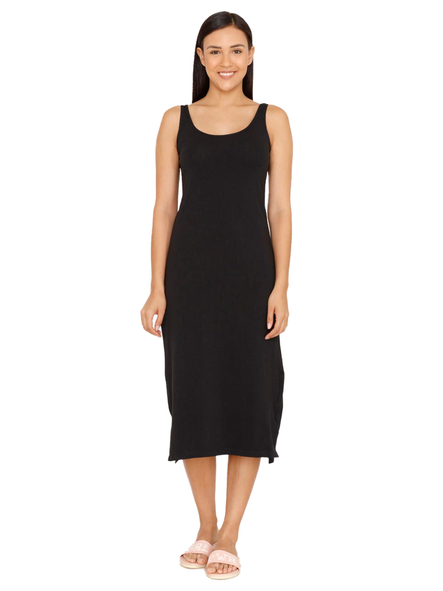 Zivame Knit Cotton Kurti Slip For Women - Black