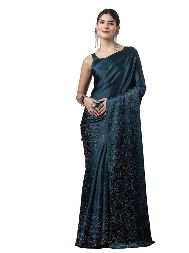 Satrani Womens Silk Blend Saree (3111S413N_Teal Blue)