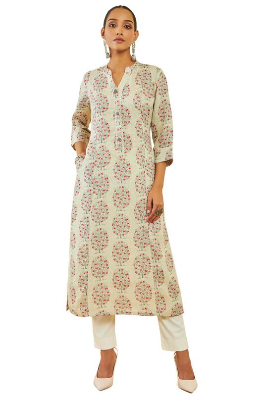 Soch Women Linen Botanical Print Straight Kurta with Pocket