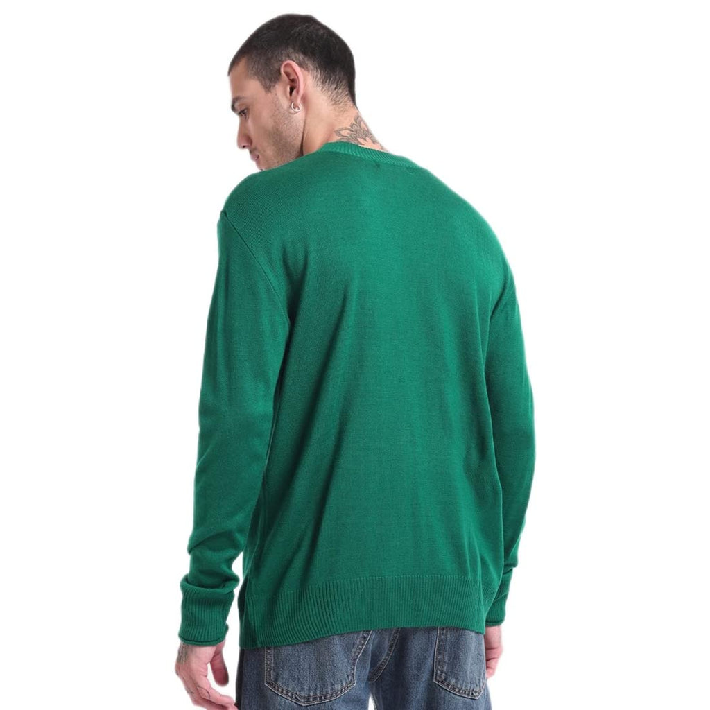 Bewakoof Mens Solid Oversized Fit Full Sleeve Round Neck Acrylic Sweater Green